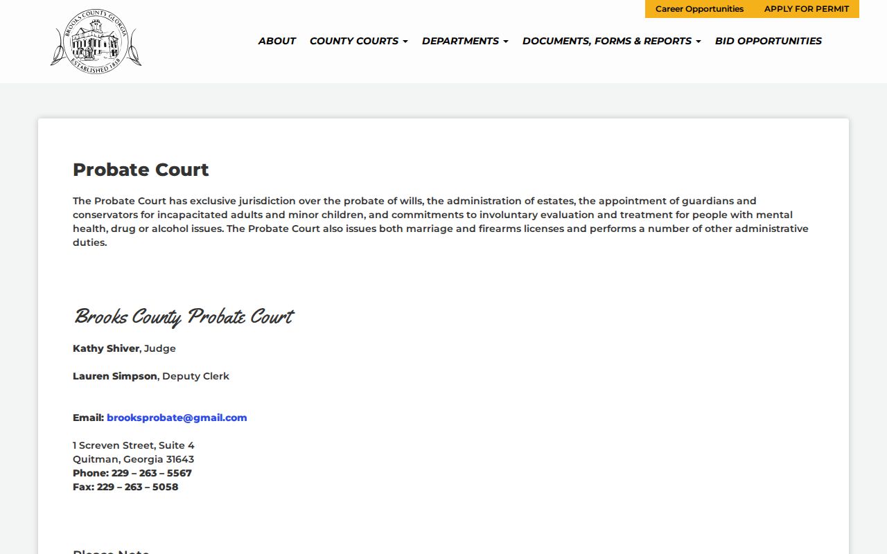 Brooks County Probate Court official contact page