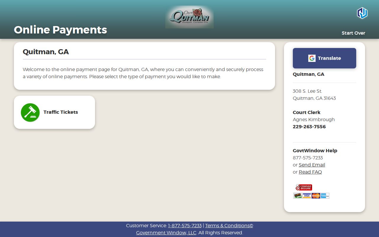 Quitman GovernmentWindow traffic ticket payment page